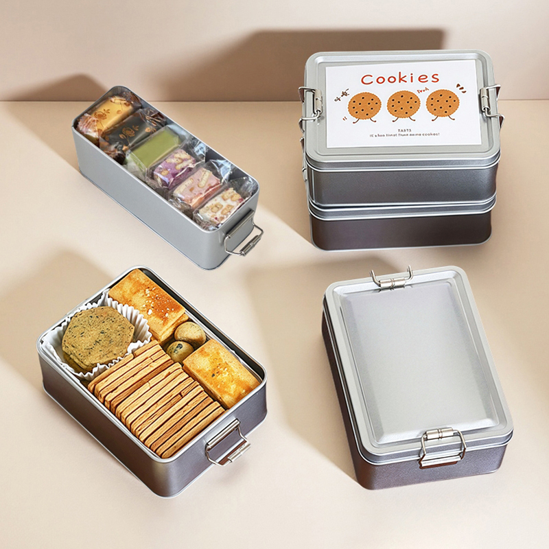 Cookies Pack - 長方形のブリキ製クッキー缶。蓋付きで、防塵性があり、家庭用、キッチン用、卓上収納に最適。キャンディー、コーヒー、紅茶、アクセサリー、チョコレートなどを保管するのに便利。